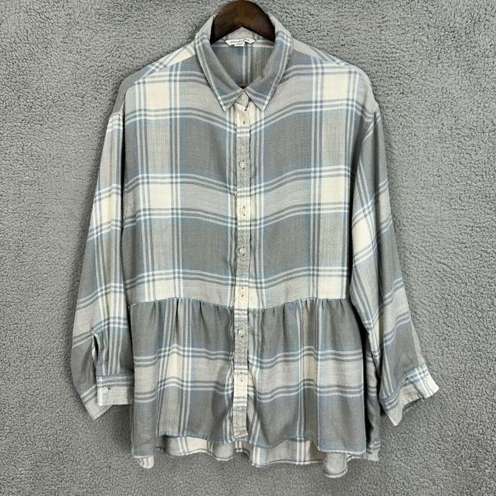 American Eagle Button Up Tunic Top Womens Large Gray Plaid Oversized Ruffle Boho